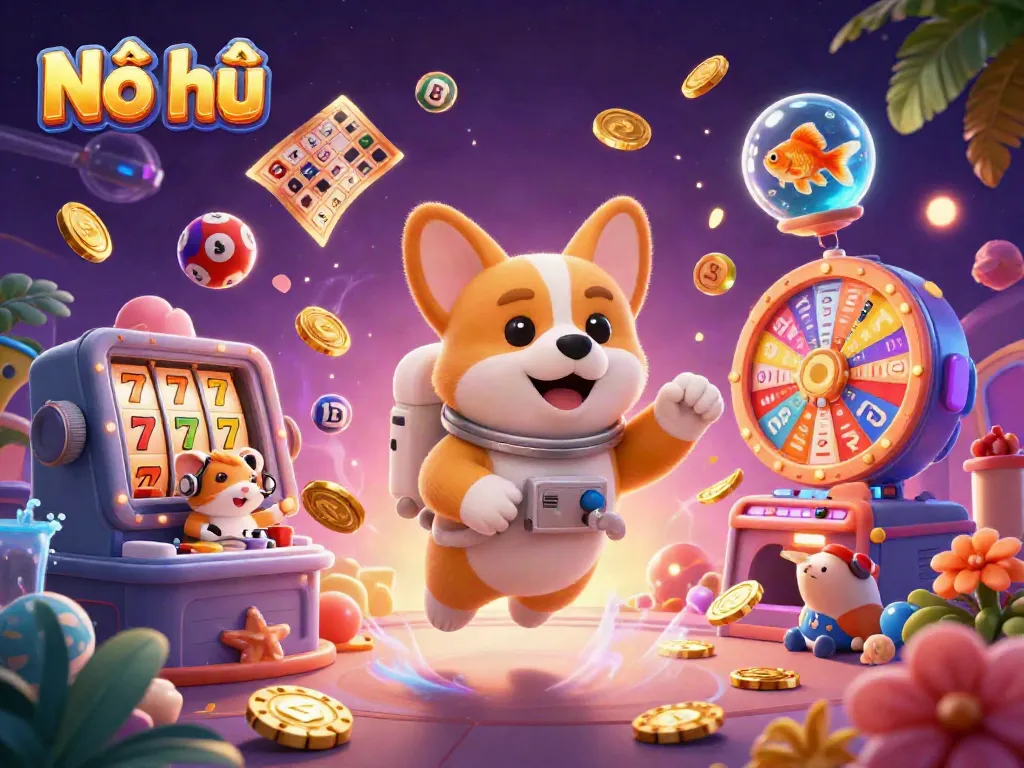Nổ hũ scene showcasing a playful astronaut corgi in a vibrant casino setting with dynamic slots and lottery elements.