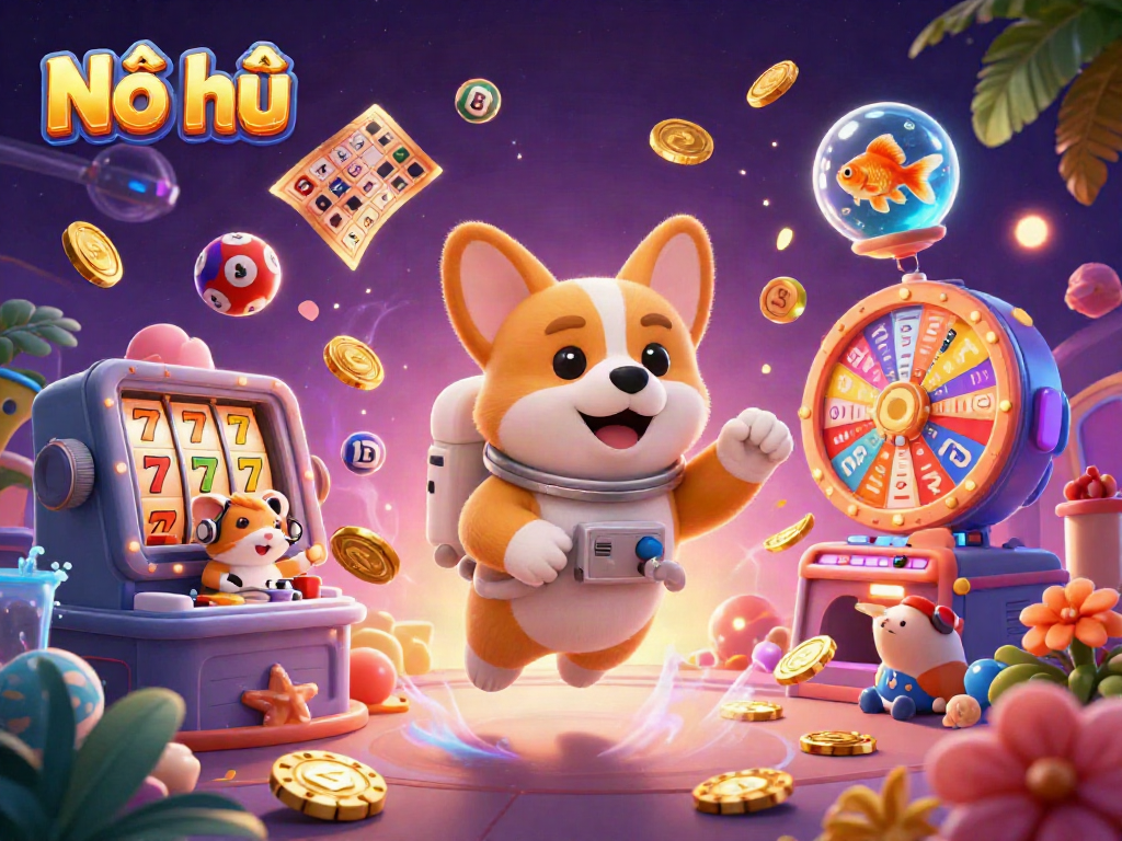 Nổ hũ scene showcasing a playful astronaut corgi in a vibrant casino setting with dynamic slots and lottery elements.