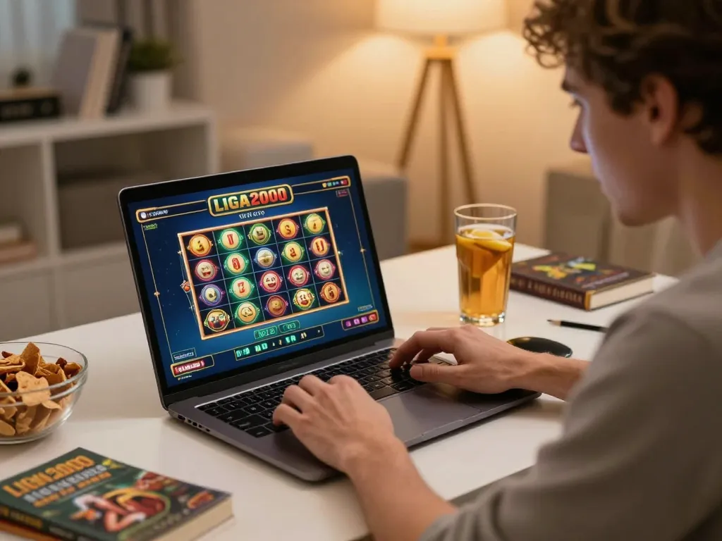 LIGA2000 player enjoying an online slot game at home, showcasing engaging atmosphere and strategic gameplay.