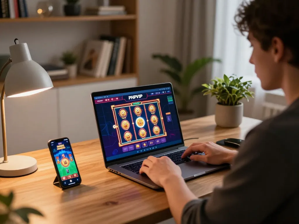 Engaging home gaming setup with PHPVIP casino platform on laptop and live dealer games on smartphone.