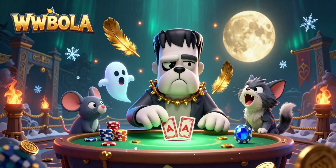 Menangkan permainan slots di WWBOLA dengan karakter unik seperti bulldog Frankenstein yang mengocok kartu.