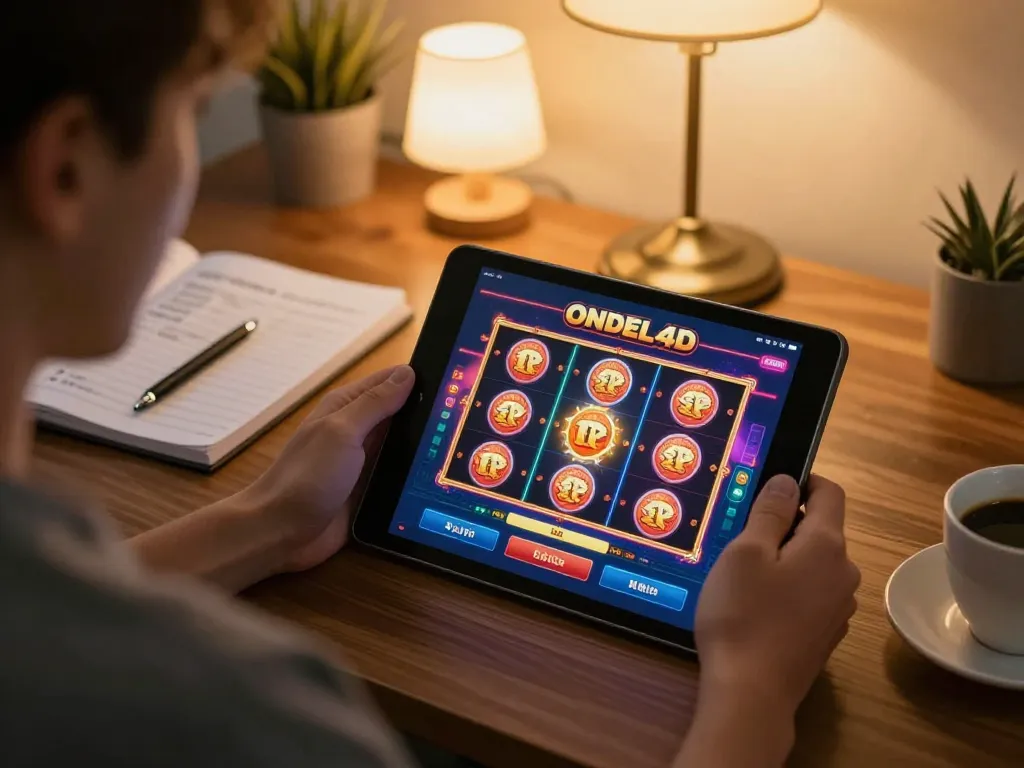 Terlibat dalam permainan kasino online ondel4d dengan antarmuka slot yang berwarna-warni ditampilkan di tablet.