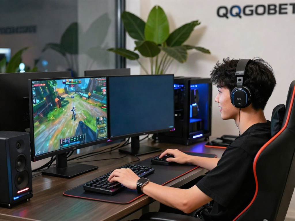 Penggemar aktif bermain di QQGOBET dengan setup gaming modern dan suasana ceria.
