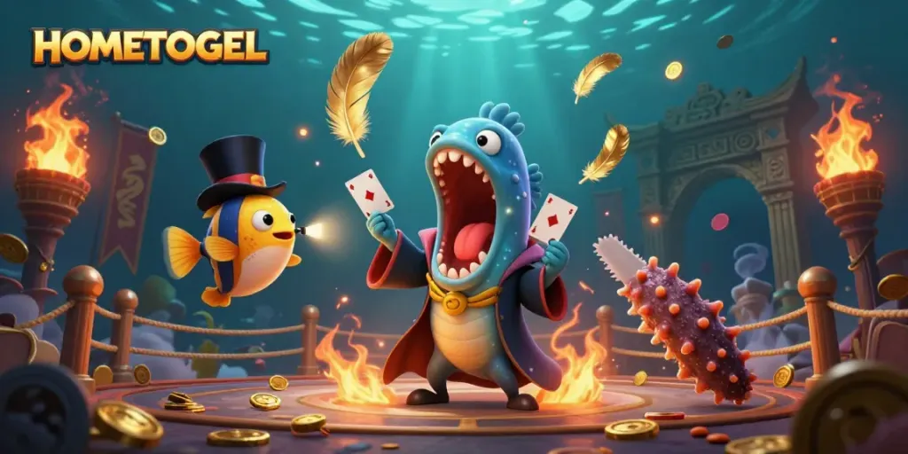 Engage in thrilling gameplay with HOMETOGEL's vibrant casino scene featuring magical marine characters and dynamic game elements.