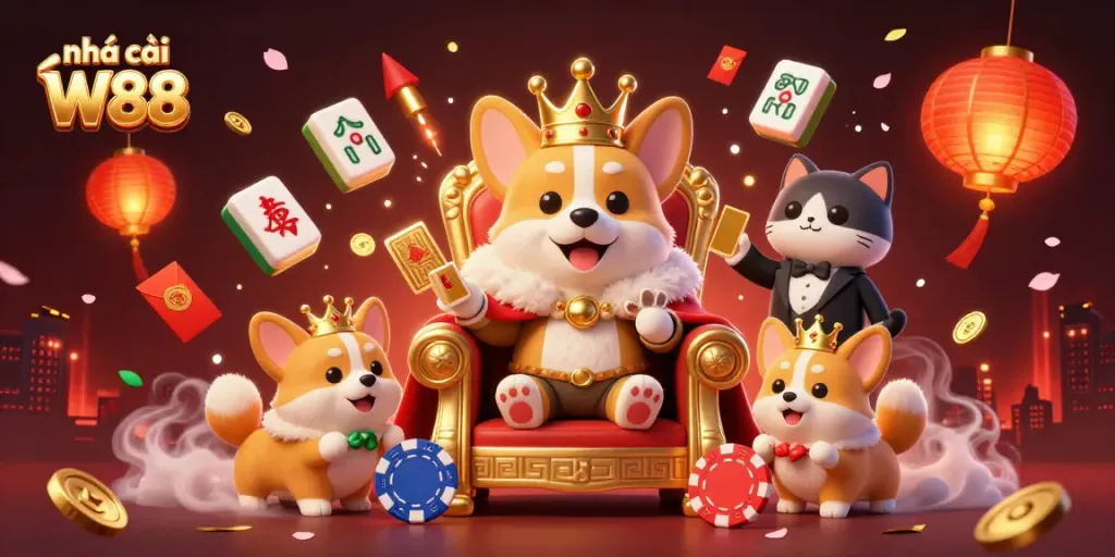 Experience the vibrant world of nhà cái W88 with dazzling casino elements and charming characters.
