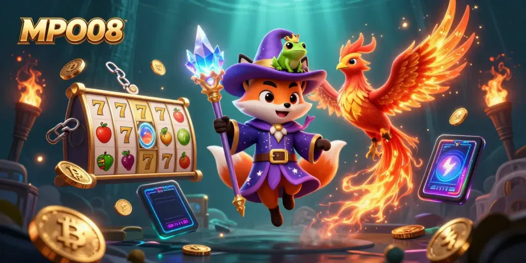 MPO08 wizard fox and phoenix celebrate jackpot wins in a vibrant casino scene.
