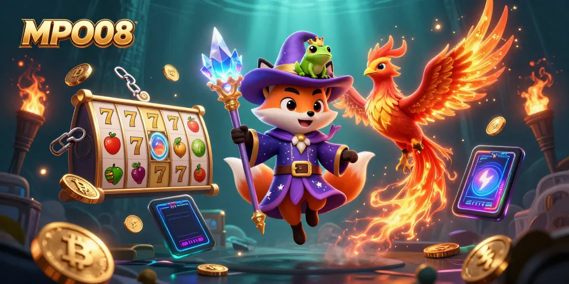 MPO08 wizard fox and phoenix celebrate jackpot wins in a vibrant casino scene.