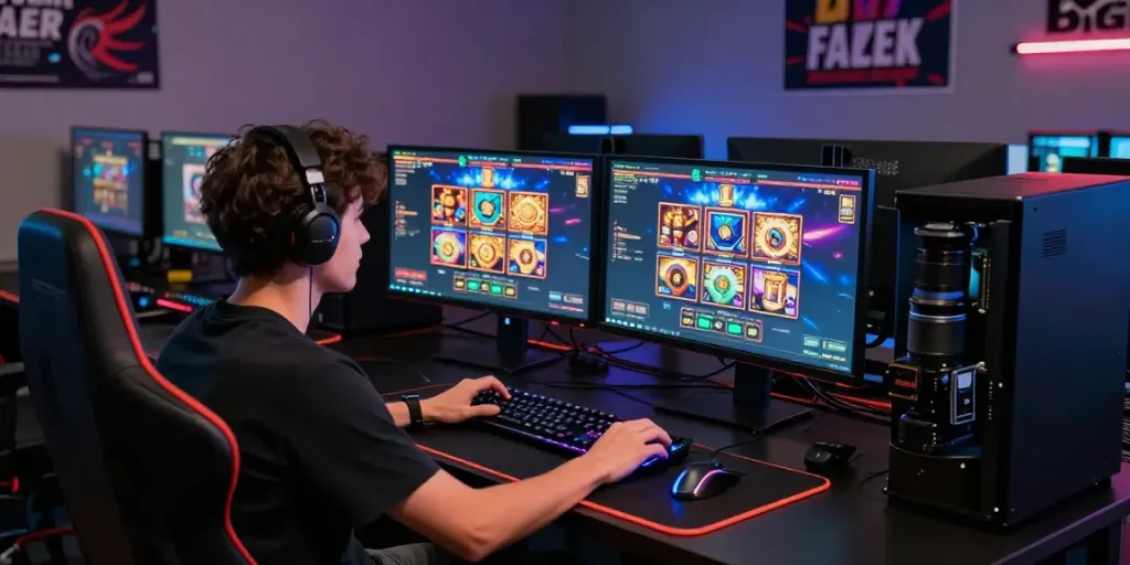 Pengalaman bermain pecah25 slot dengan suasana gaming yang energik di ruang kerja modern.