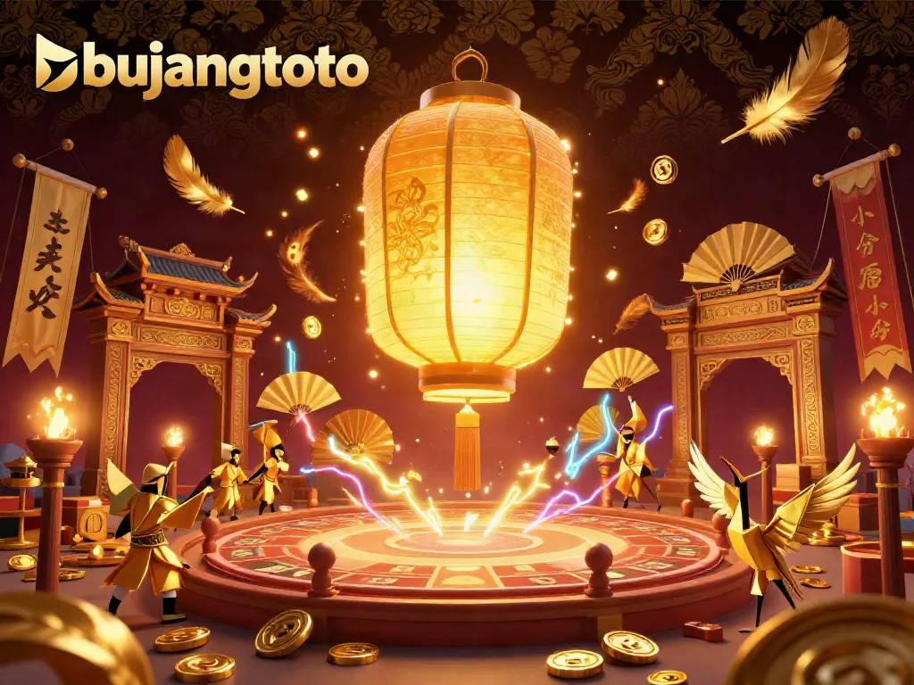 Engage with bujantoto at the vibrant online casino showcasing a glowing golden lantern spirit and decorative warriors.