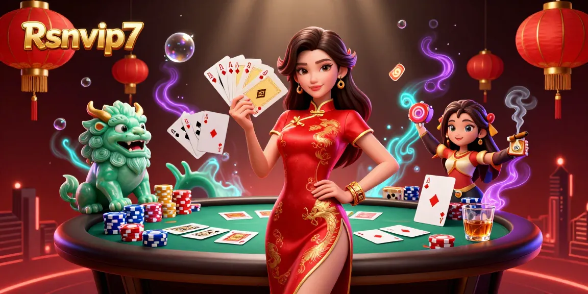 Rasakan kegembiraan Rsnvip7 yang menampilkan suasana kasino yang hidup dengan dekorasi mewah dan elemen poker.