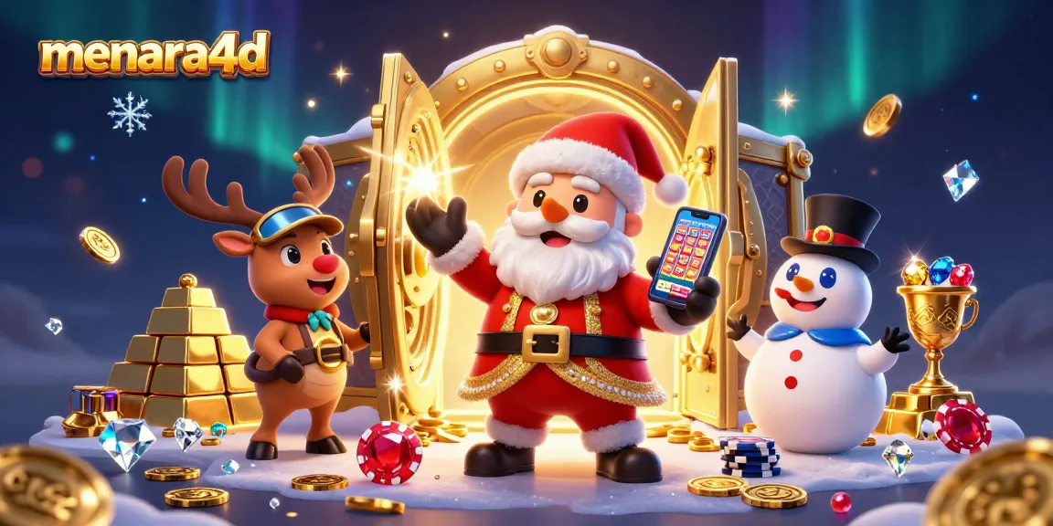 Menara4d menghadirkan ilustrasi kasino penuh warna dengan Santa Claus dan teman-temannya di tengah harta karun emas.