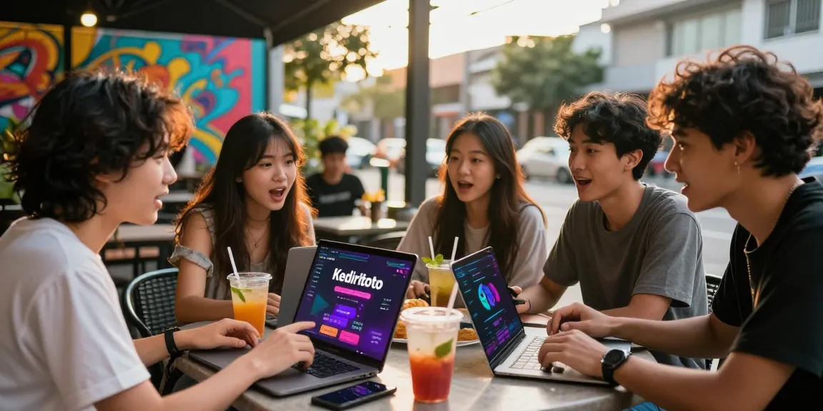 Kediritoto dan teman-teman di kafe urban, membahas aplikasi game online, suasana hangat.