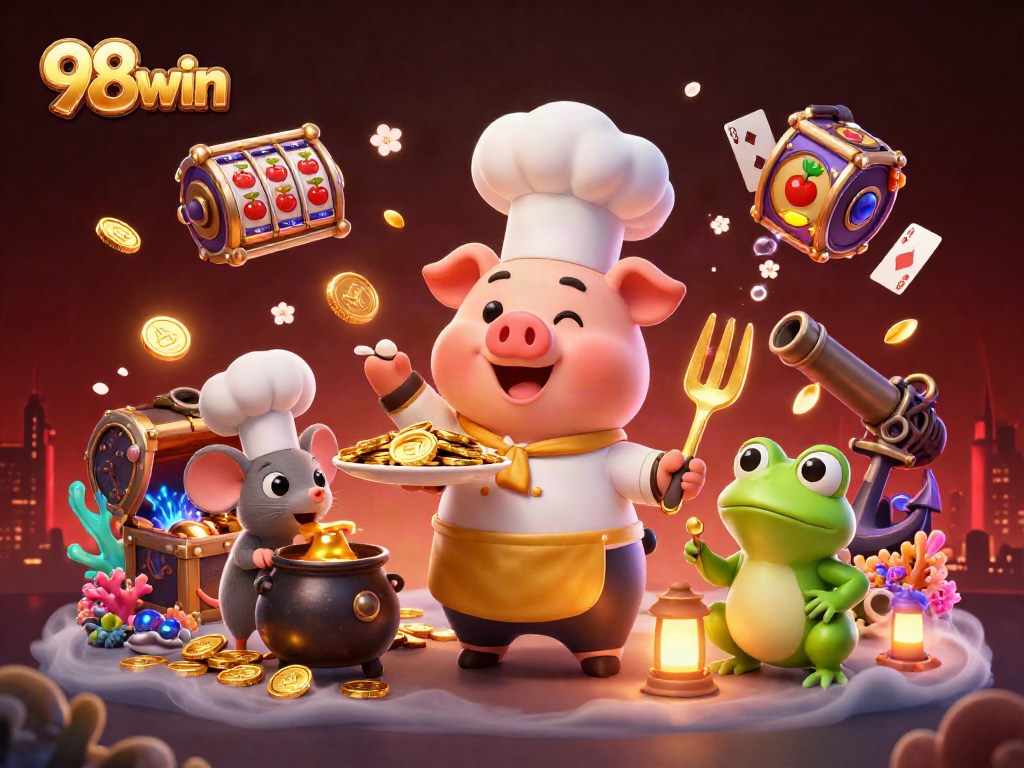 Experience winning with 98win's captivating casino scene featuring gold coins and vibrant gaming elements.
