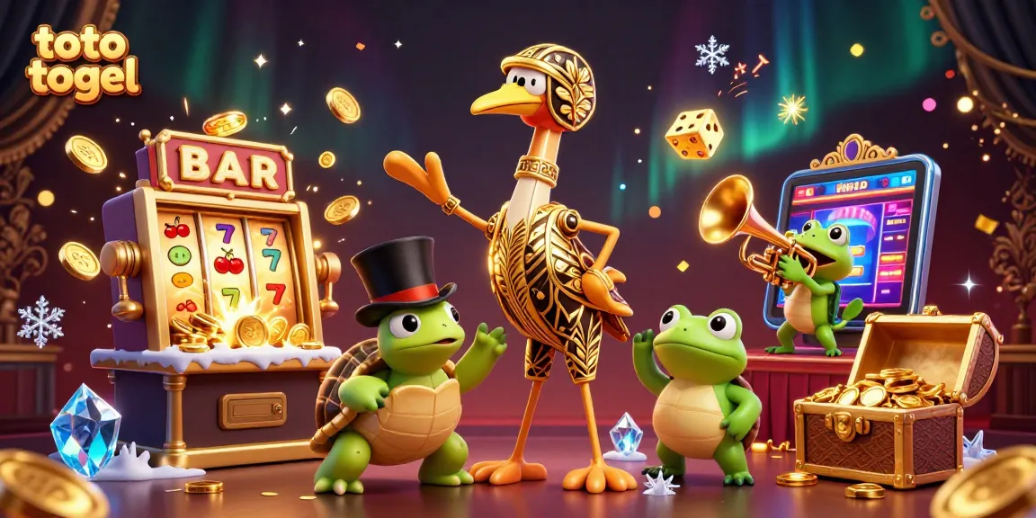 Gambarkan keseruan toto togel dengan mesin slot megah dan karakter unik di latar belakang kasino.