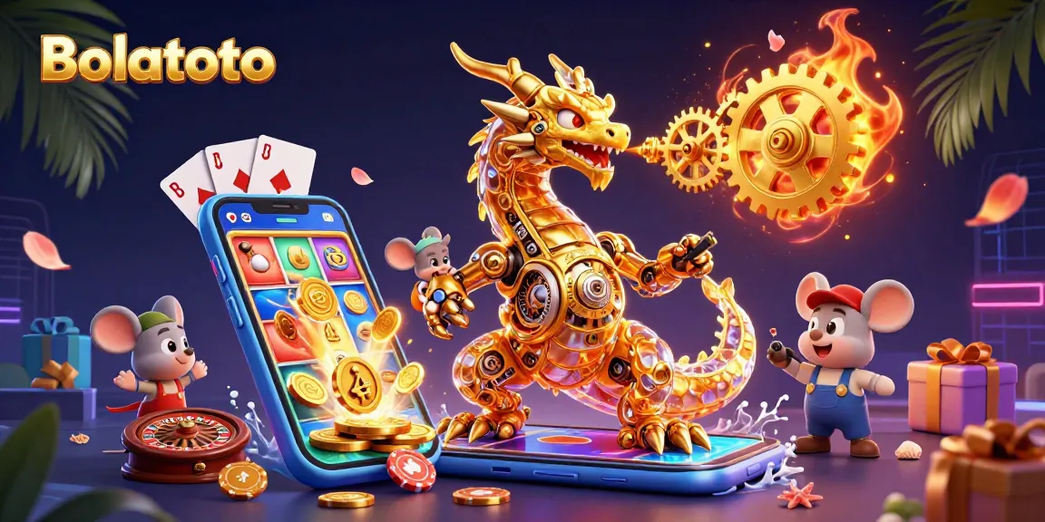 Bolatoto showcases a vivid 3D dragon with gears, surrounded by vibrant gambling elements and festive decor.