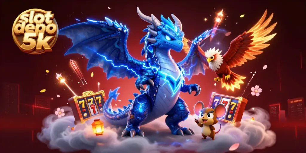 Experience the thrill of slot depo 5k with a stunning 3D dragon, hawk, and festive elements.