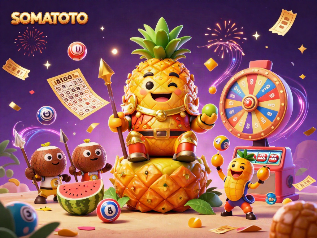Engaging 3D illustration showcasing SOMATOTO in an exciting casino environment with lottery elements and a colorful atmosphere.