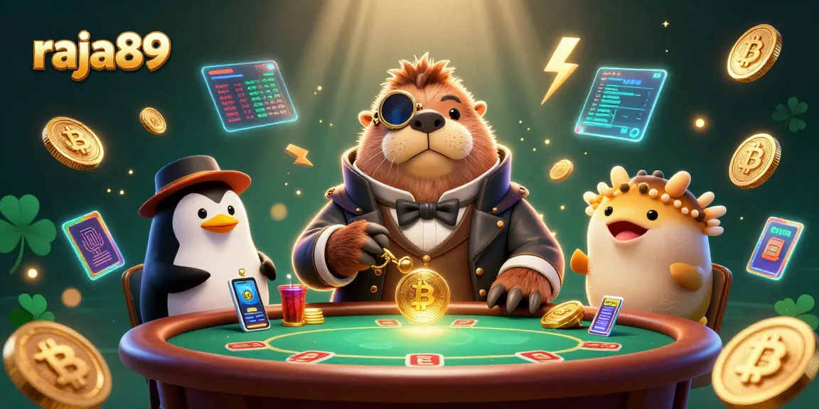 Play poker with raja89's jolly walrus and friends surrounded by cryptocurrencies and vibrant elements.