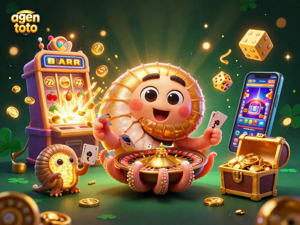 Menggambarkan agen toto dengan nautilus raksasa dan mesin slot penuh koin serta efek pesta yang mengesankan.