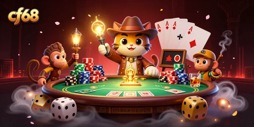 cf68 gambling adventure with a cartoon cat exploring a golden casino artifact in a dynamic setting