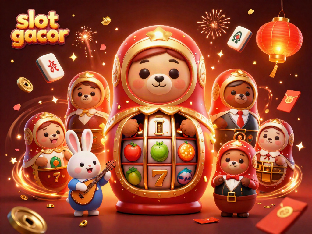 Permainan slot gacor dengan simbol buah dan jackpot ditampilkan oleh beruang Matryoshka 3D.