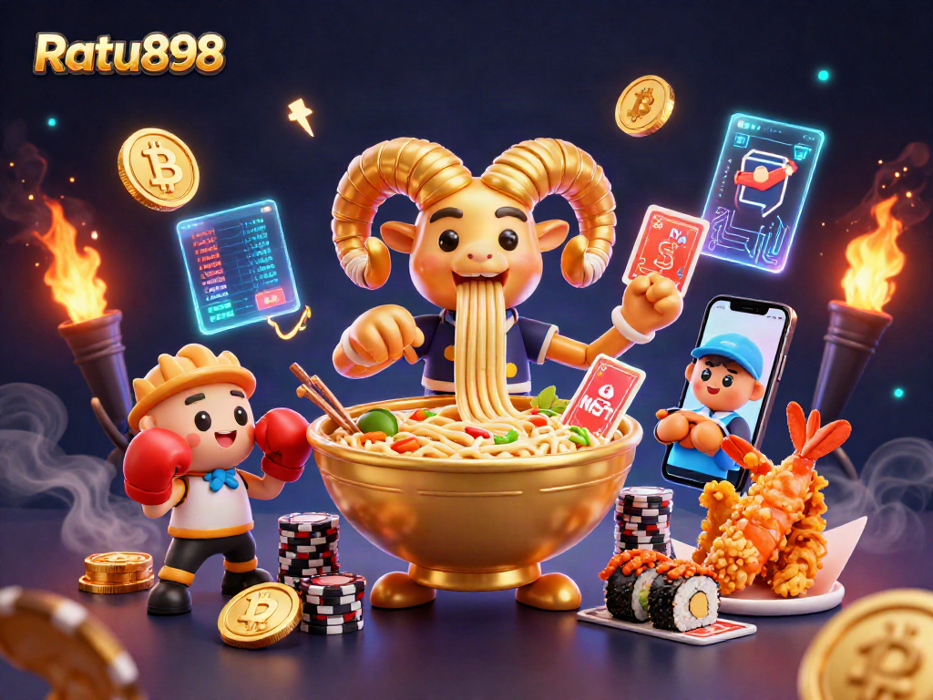 Gambaran Ratu898 dengan karakter kasino kartun, koin Bitcoin dan Ethereum, menumpuk chip.