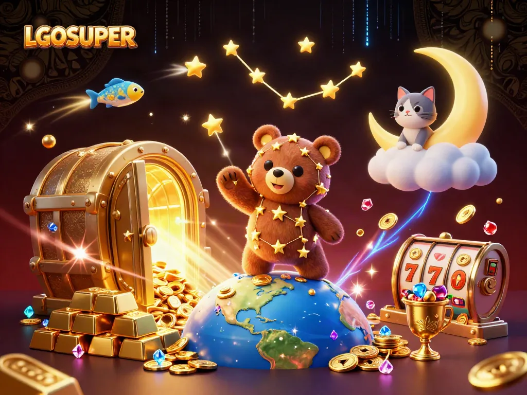 Players enjoy slot gaming magic with LGOSUPER's animated constellation bear and treasures.