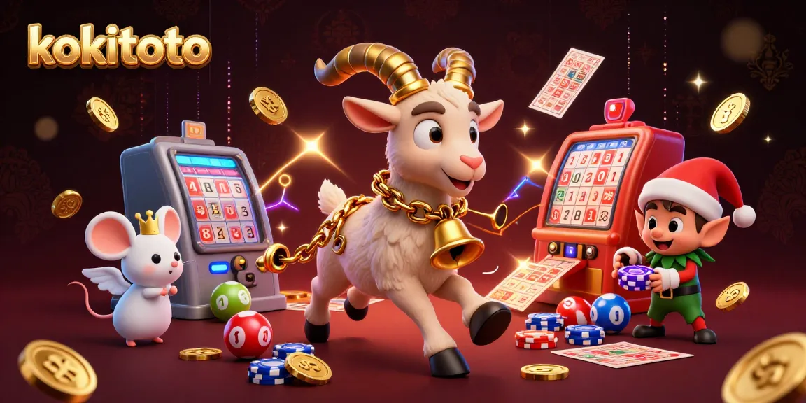 Permainan togel KOKITOTO dengan karakter unik di kasino, angka lotere menghiasi suasana.