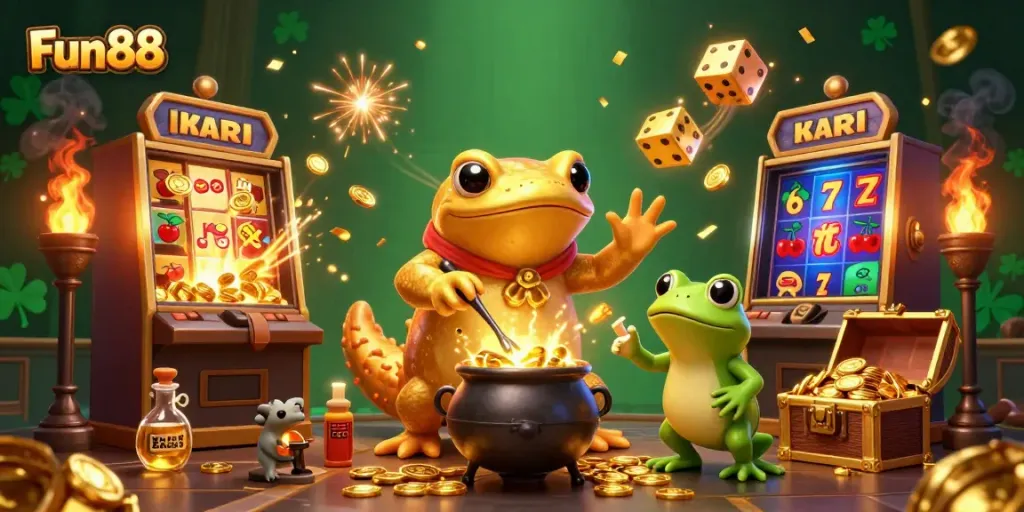 Experience the excitement of Fun88 with giant alchemists transmuting gold in a vibrant casino scene.