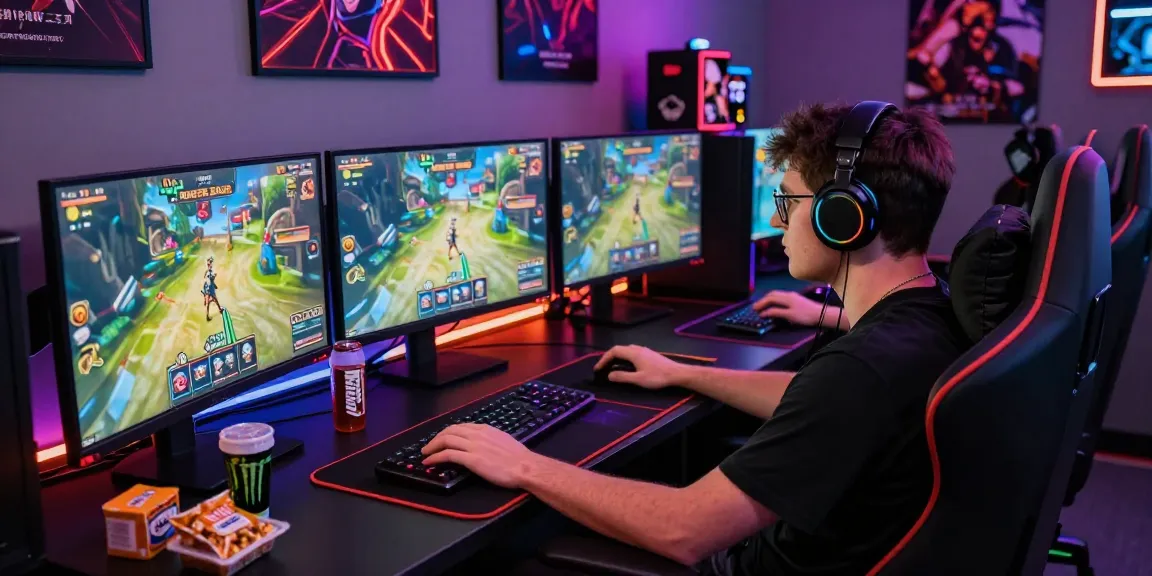 Permainan sniperslot dengan pemain fokus di depan PC gaming, suasana energik dan imersif.