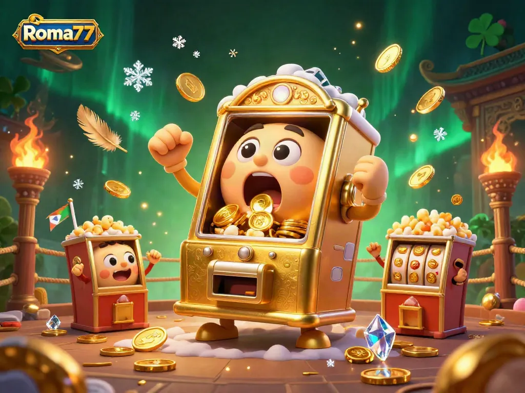 Experience thrilling wins with Roma77's exciting slots as a golden machine hits a jackpot!