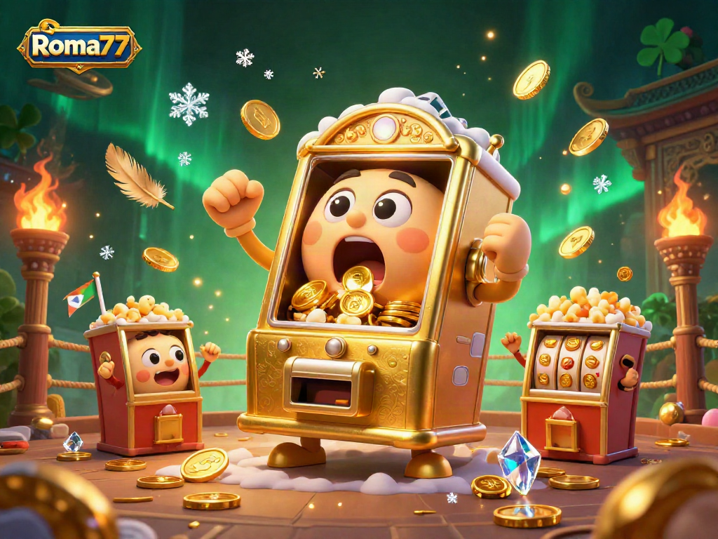 Experience thrilling wins with Roma77's exciting slots as a golden machine hits a jackpot!