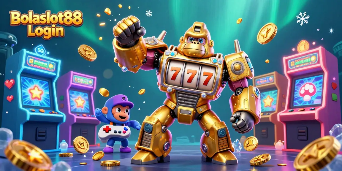Bolaslot88 Login boosts your gaming adventure with a dynamic slot machine mech and colorful arcade elements.