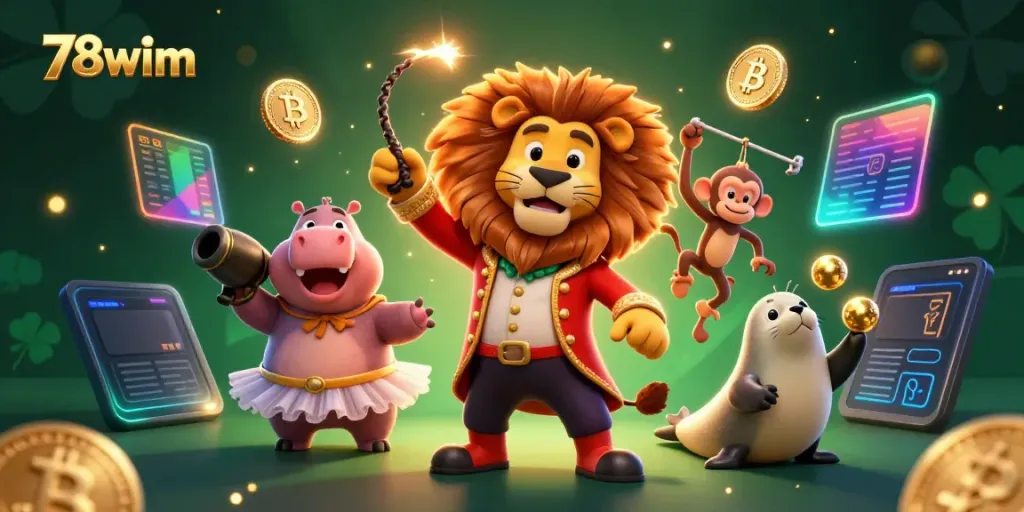 Experience the thrilling world of 78wim with circus characters and crypto-themed elements.