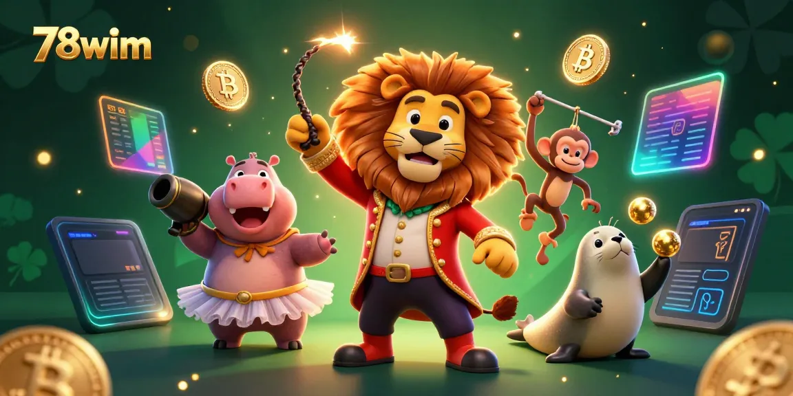 Experience the thrilling world of 78wim with circus characters and crypto-themed elements.