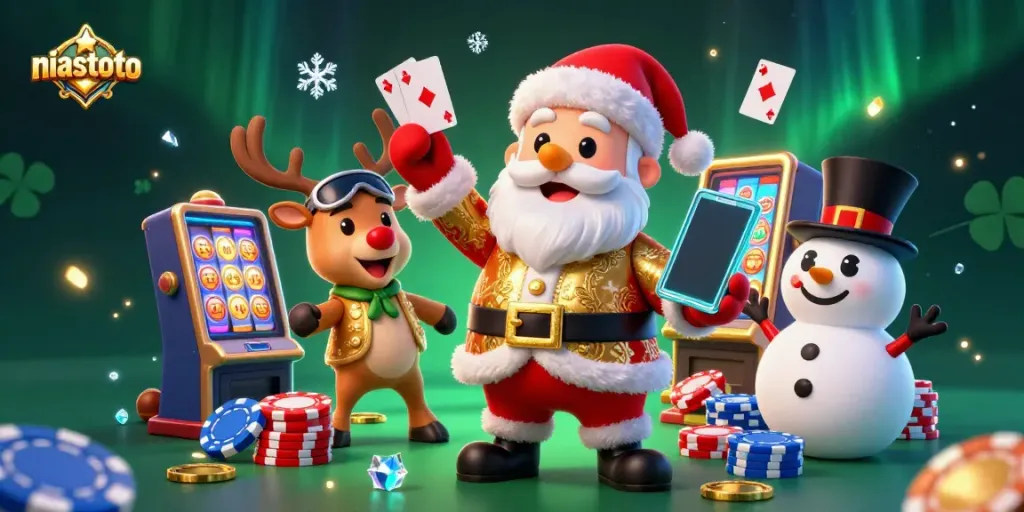 NIASTOTO players celebrating big wins with Santa, reindeer, and snowman in a lively casino scene.