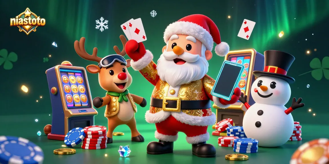 NIASTOTO players celebrating big wins with Santa, reindeer, and snowman in a lively casino scene.
