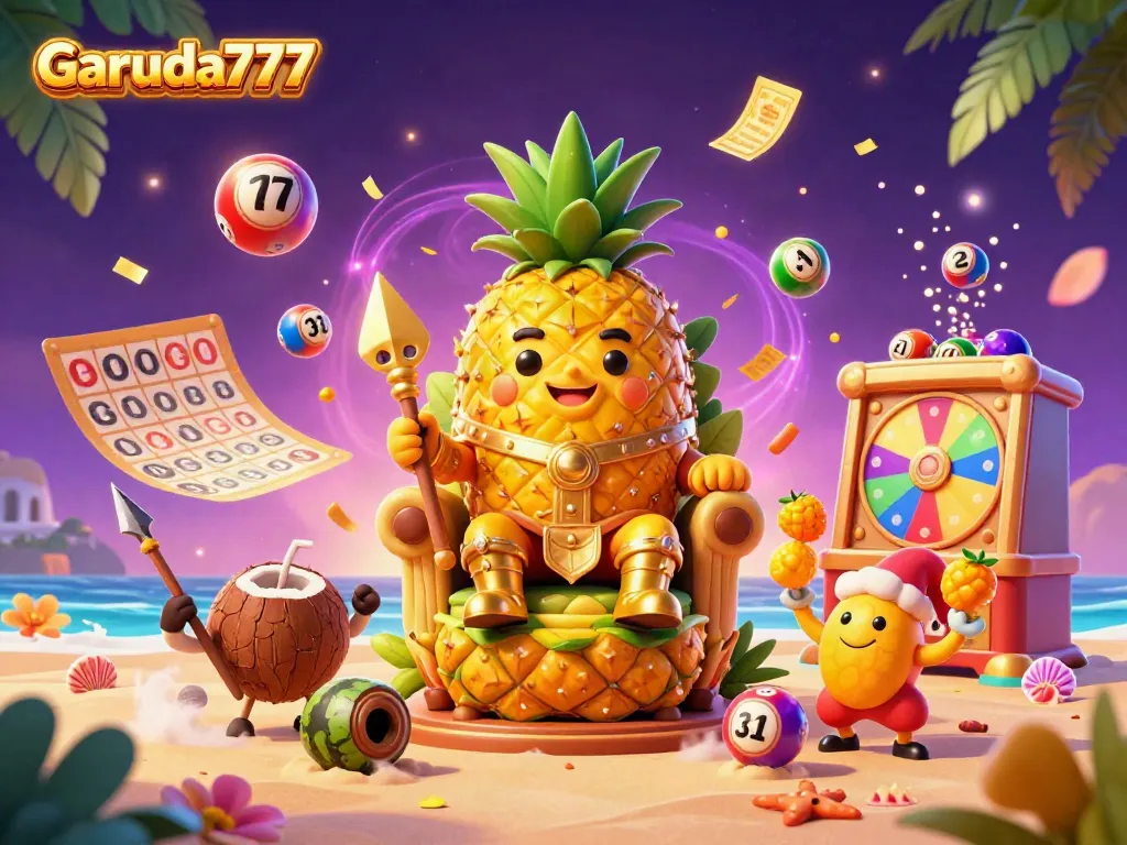 Permainan slot Garuda777 dengan raja nanas emas dan karakter penuh warna meriah di kasino pantai.