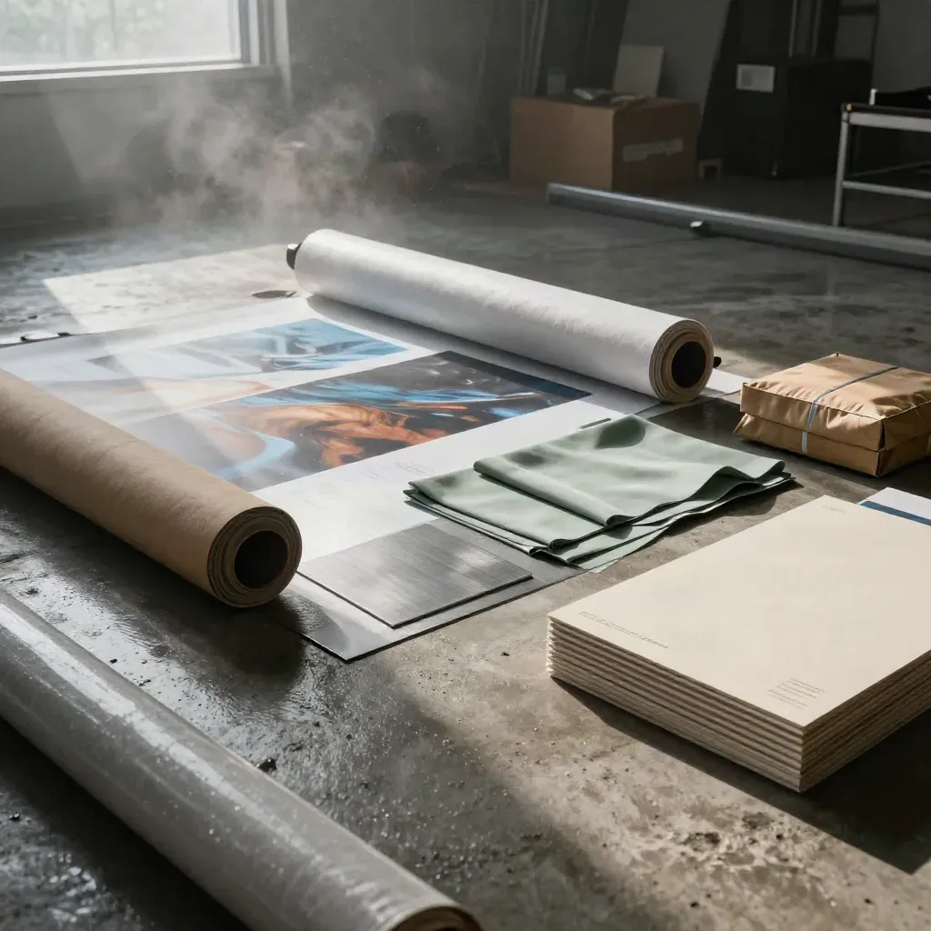 Ruang produksi iklan premium dengan gulungan banner, panel visual abstrak, dan paket kiriman di lantai basah.