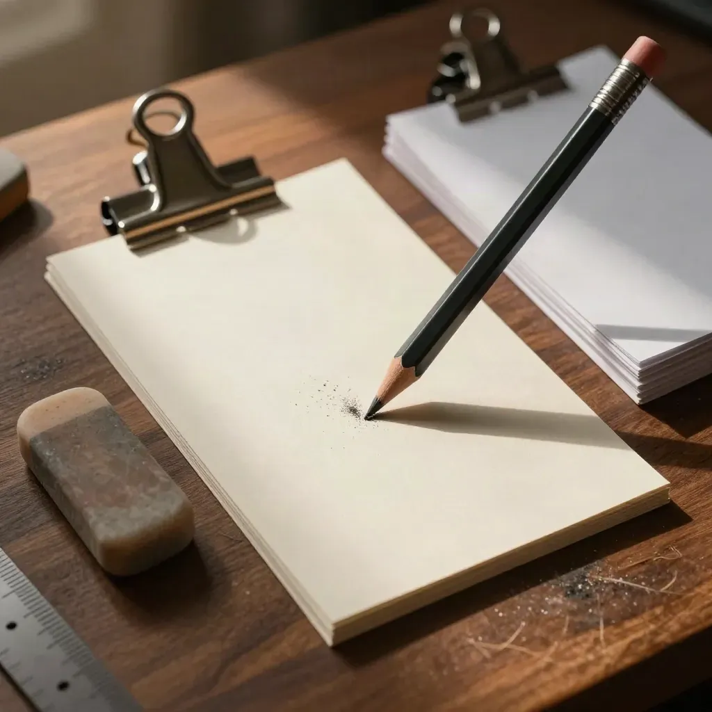 Kartu stok kosong, pensil grafit tajam, penghapus, dan klip baja di meja kayu hangat.