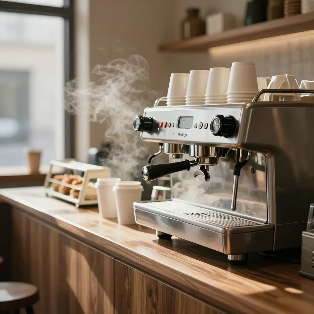 Counter kopi dengan mesin espresso menyala, cup takeaway putih, dan rak pastry kosong