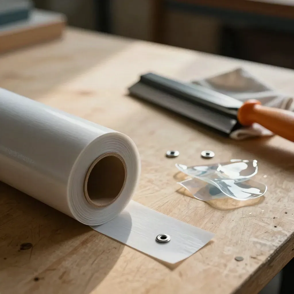 Gulungan vinyl matte, mata grommet, dan squeegee di meja kerja banner.