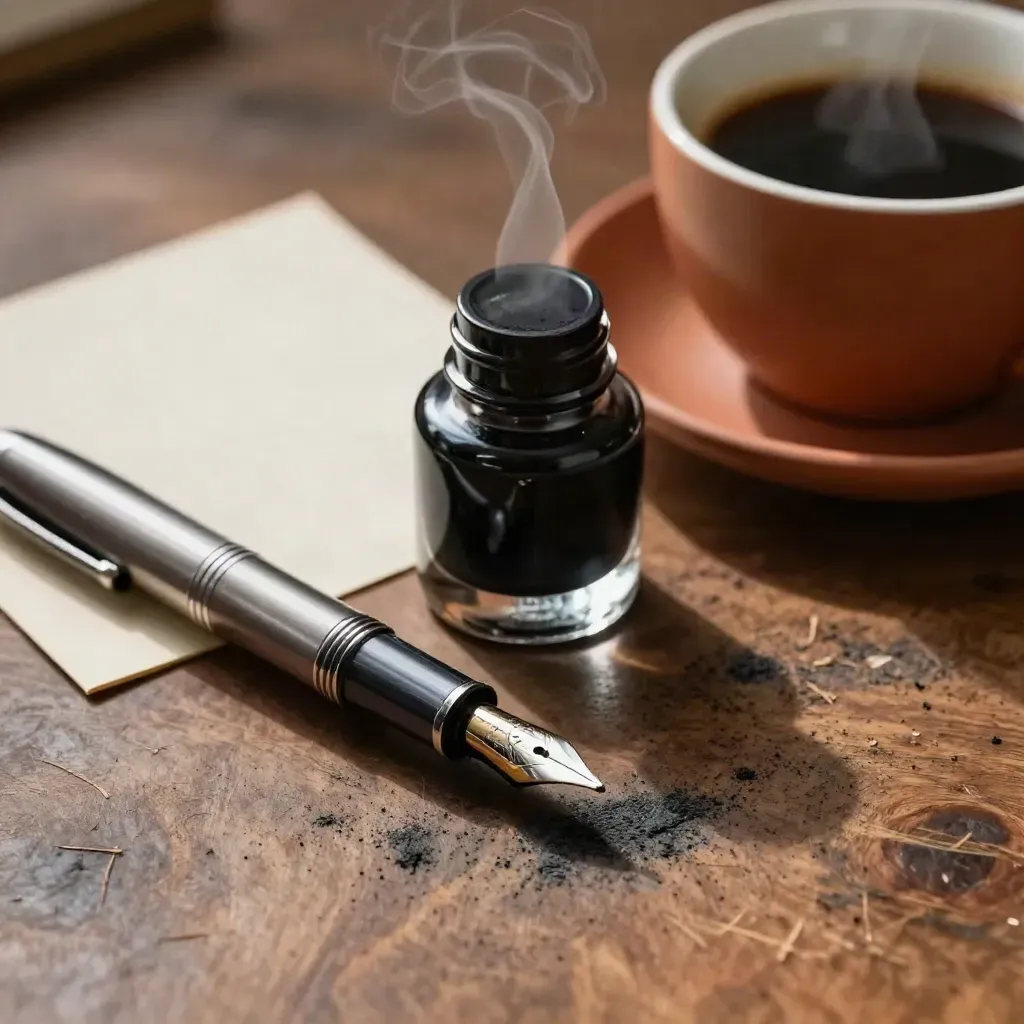 Pena logam, botol tinta, dan kopi pekat di kartu stok copywriter di meja kayu.