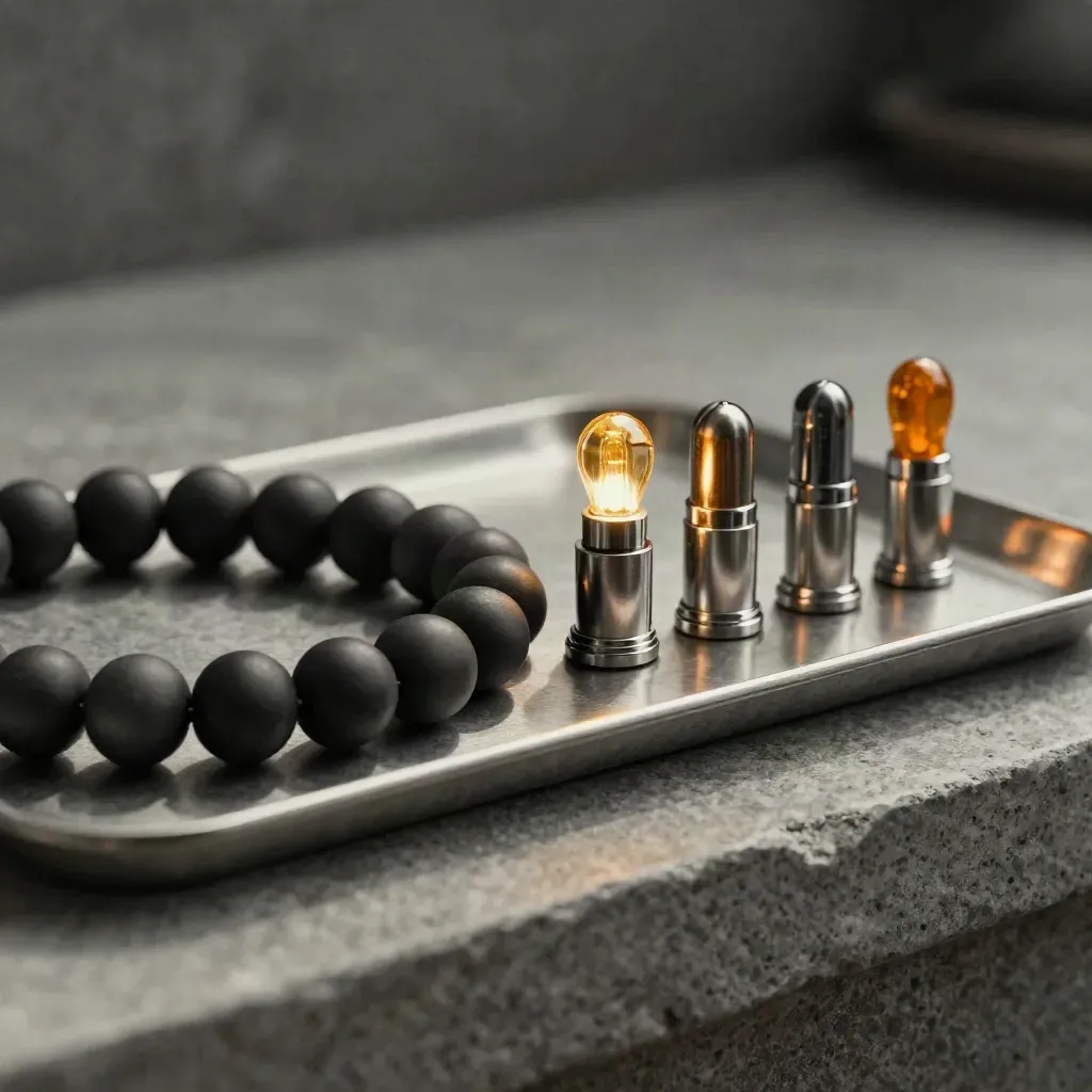 Tally bead, lampu indikator kecil, dan tiga penanda status di baki metal, aksen oranye.