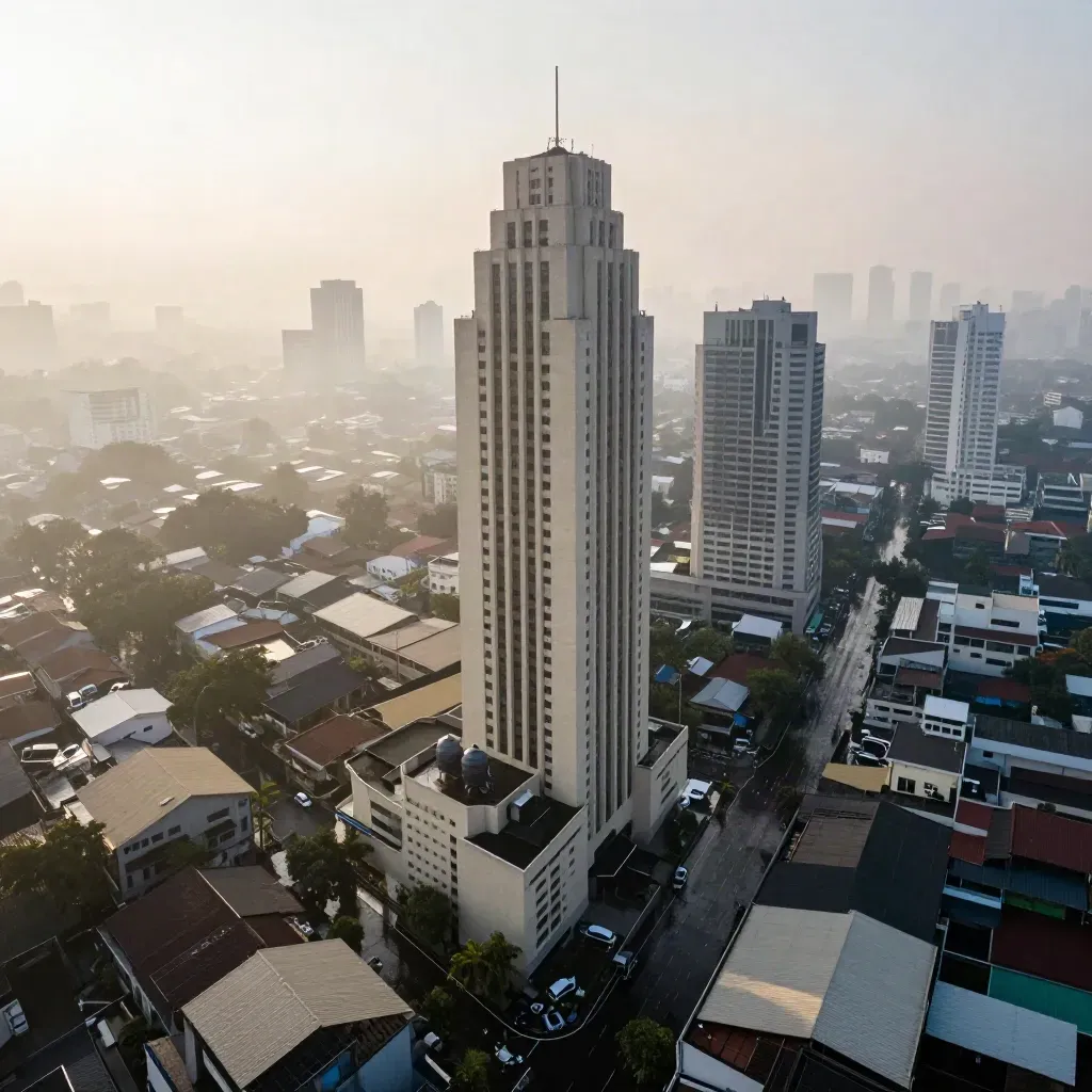 Monas di atas atap Jakarta saat fajar berkabut setelah hujan