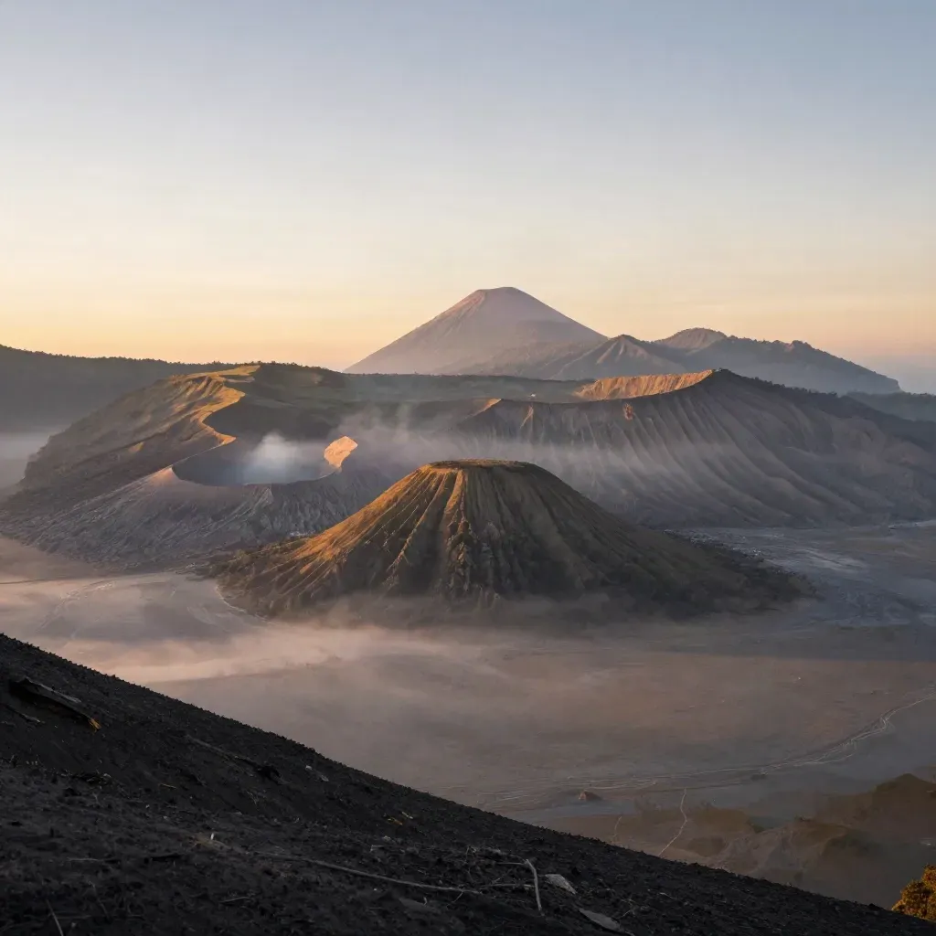 Bromo dan lautan pasir Jawa Timur saat matahari terbit, berkabut dan dramatis.