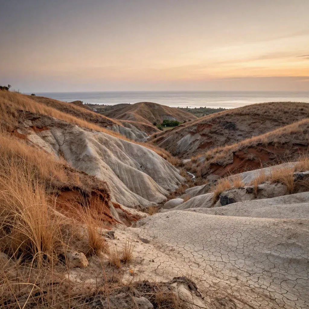 Bukit savana Bali-Nusa Tenggara saat senja dengan laut jauh dan kabut tipis.
