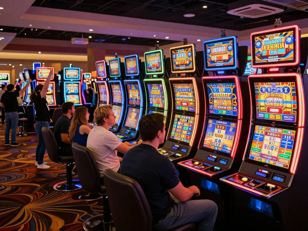 Pemain merayakan kemenangan jackpot di mesin slot, menyoroti penawaran bonusnewmember di layar cerah di kasino yang ramai.