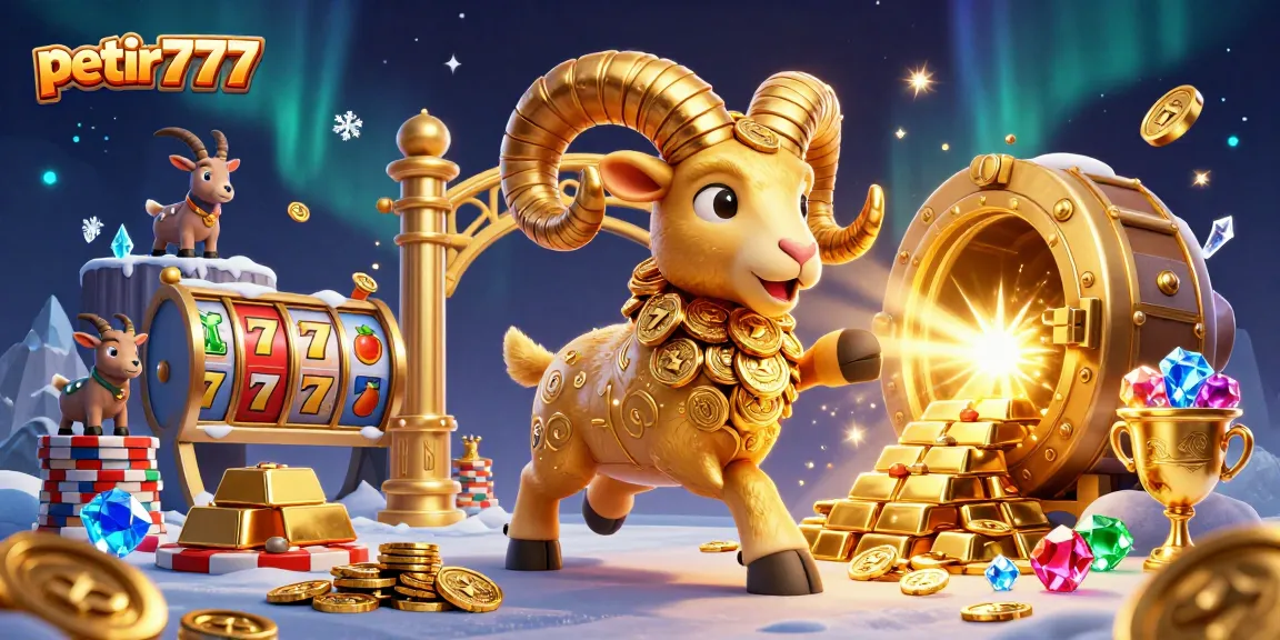 Experience exciting gameplay at petir777 with vibrant slot reels and a dynamic golden ram illustration.