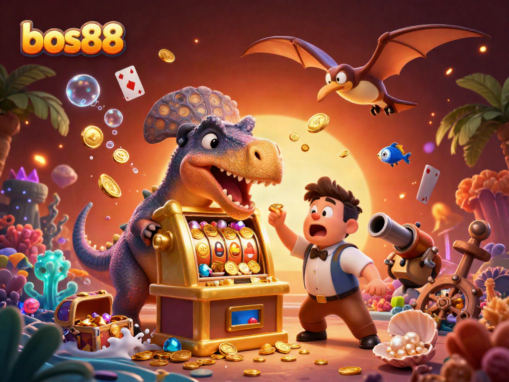 Experience thrilling wins with bos88 as cartoon characters interact with dynamic casino elements in a vibrant scene.